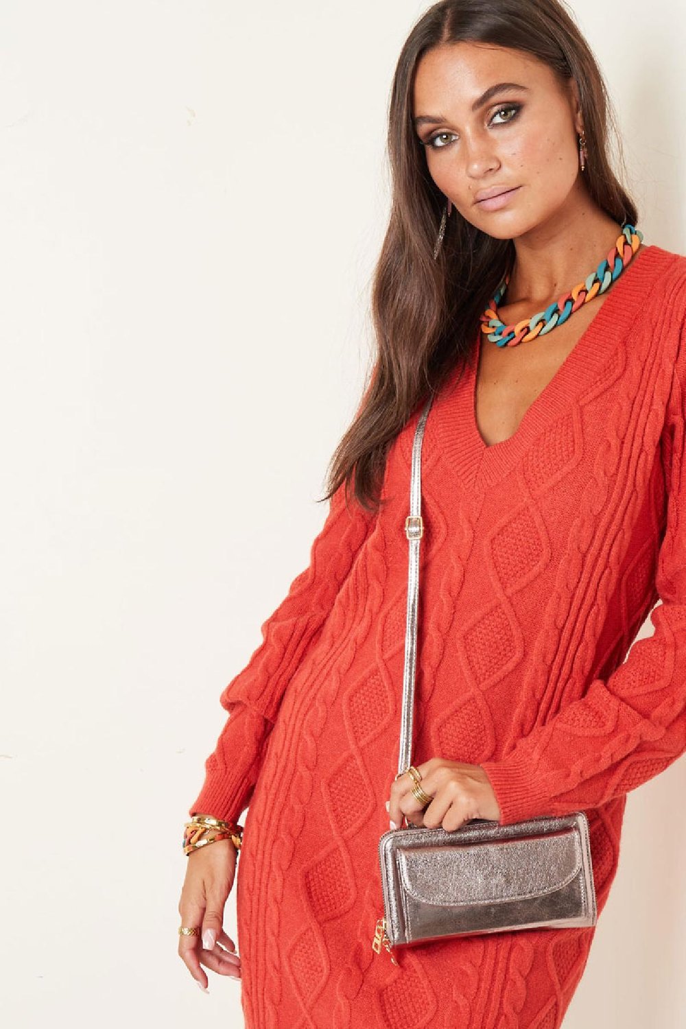 Clutch aus PU-Leder Metallic mit Fronttasche Fuchsia Polyurethan h5Bild2